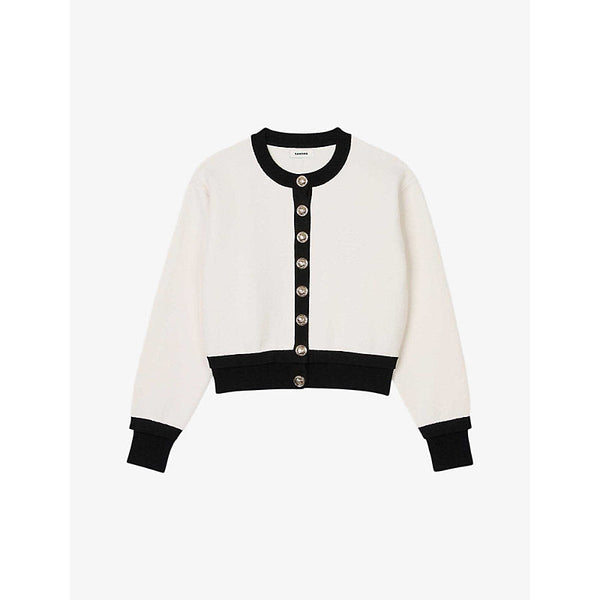 Womens Sandro Contrast-trim round-neck cropped wool-blend knitted cardigan