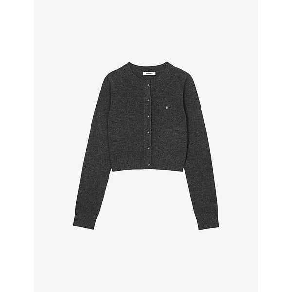 Womens Sandro Round-neck brand-charm cropped wool-blend knitted cardigan