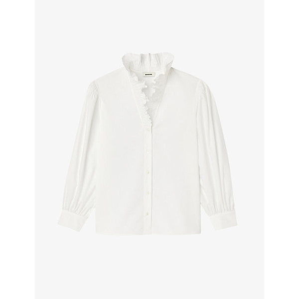 Womens Sandro Ruffled-collar organic-cotton shirt