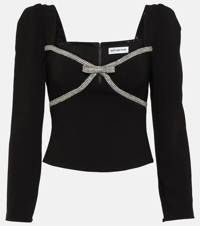 Self-Portrait Bow embellished crêpe crop top