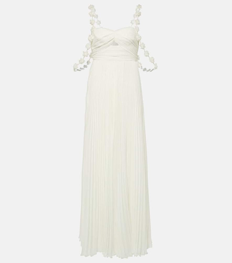 Self-Portrait Bridal floral-appliqué pleated chiffon maxi dress