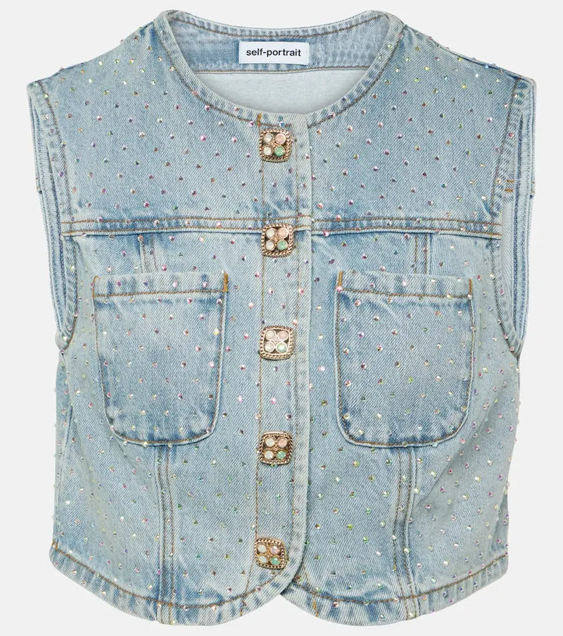 Self-Portrait Embellished denim crop top