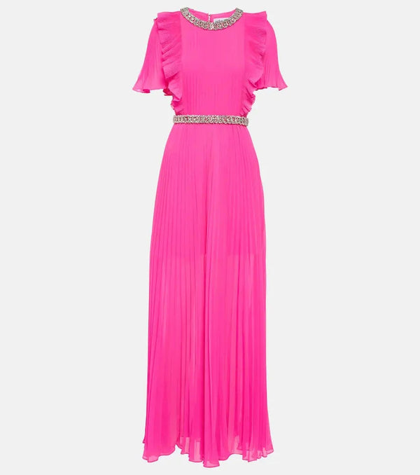 Self-Portrait Embellished plissé chiffon maxi dress