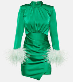 Self-Portrait Feather-trimmed cutout satin minidress