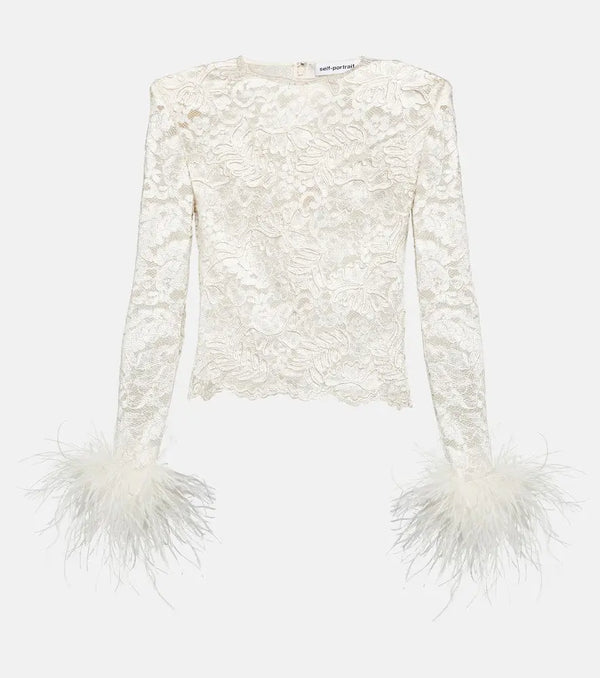 Self-Portrait Feather-trimmed lace top | LYBSTORE