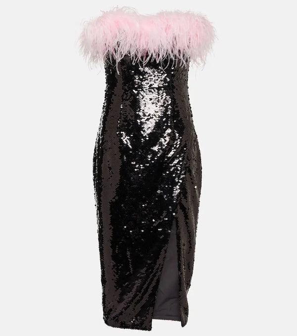 Self-Portrait Feather-trimmed sequined midi dress | LYBSTORE