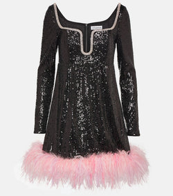 Self-Portrait Feather-trimmed sequined minidress