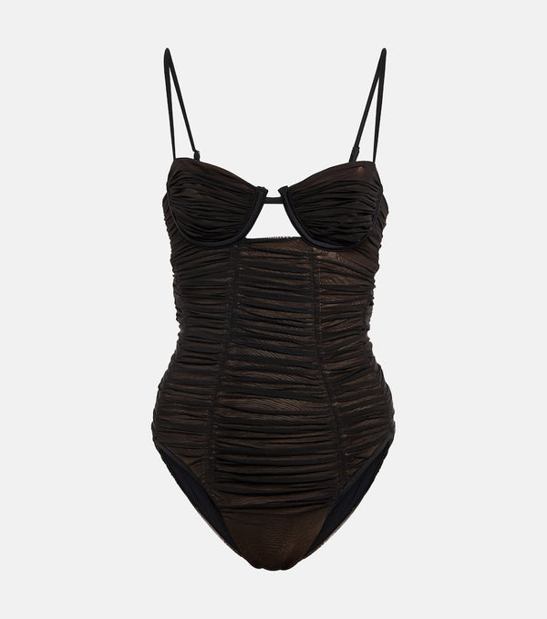 Self-Portrait Mesh ruched swimsuit