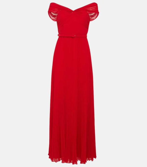 Self-Portrait Pleated off-shoulder chiffon gown