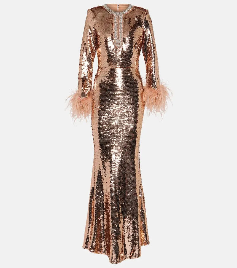 Self-Portrait Sequined feather-trimmed gown