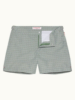 Setter - Geo Print Shorter-Length Swim Shorts Woven In France in Kiwi Rush/White Sand colour