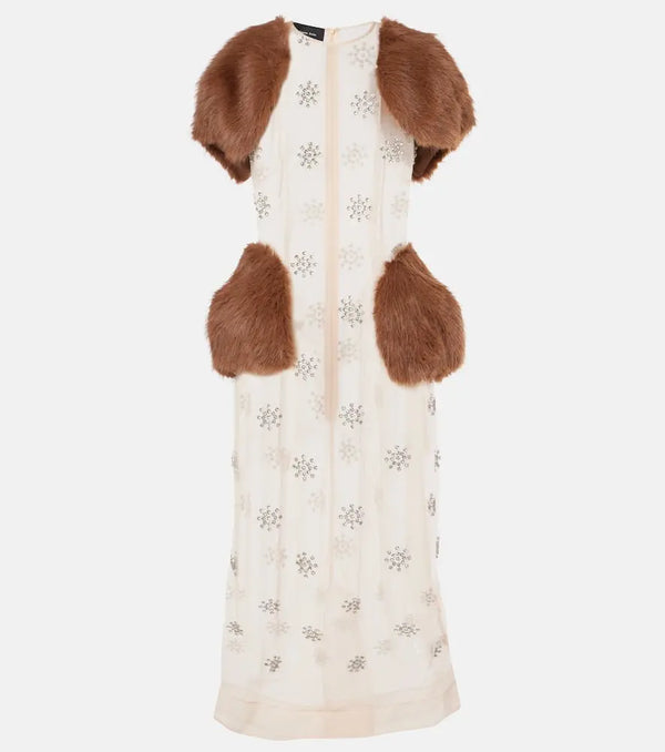 Simone Rocha Faux fur-trimmed embellished sheer midi dress