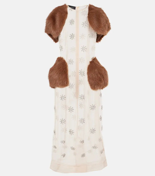 Simone Rocha Faux fur-trimmed embellished sheer midi dress | LYBSTORE