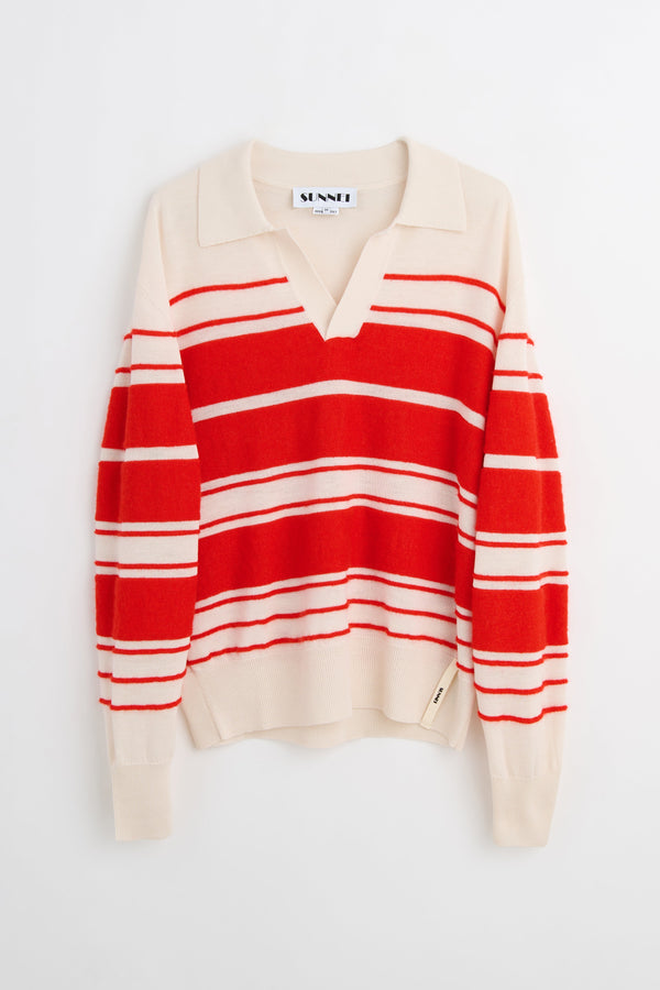 SUNNEI Striped Knit Ls Polo Off White  Acid Red