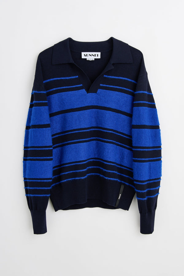 SUNNEI Striped Knit Ls Polo Dark Blue  Blue