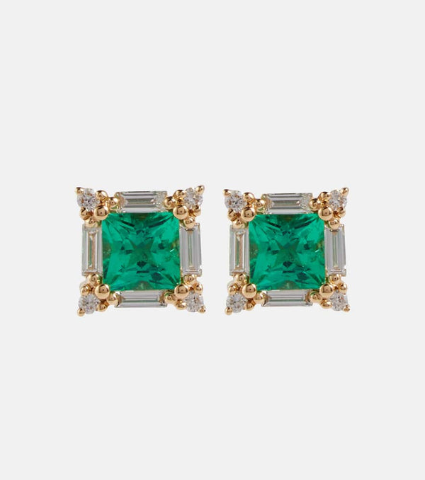 Suzanne Kalan 18kt gold earrings with green emeralds and diamonds | LYBSTORE