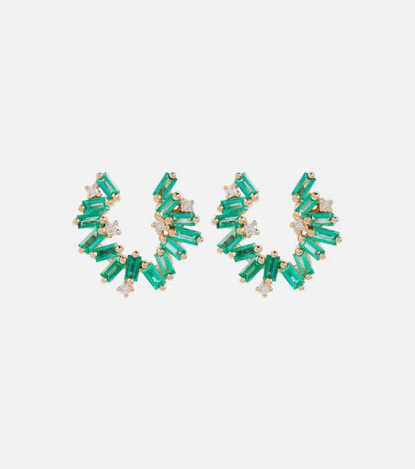 Suzanne Kalan Izzy Sideway Spiral 18kt gold earrings with emeralds and diamonds | LYBSTORE