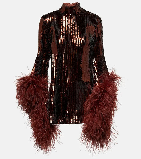 Taller Marmo Del Rio feather-trimmed sequined minidress | LYBSTORE