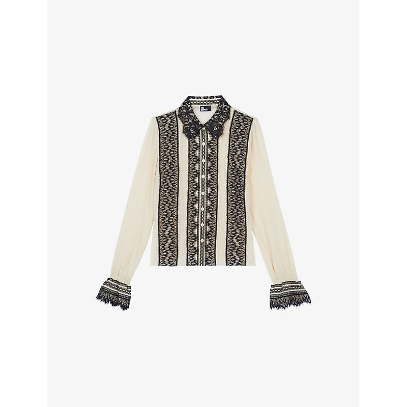 Womens The Kooples Lace-insert fitted silk shirt