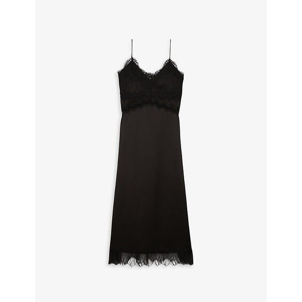 Womens The Kooples Lace-trim slip silk midi dress