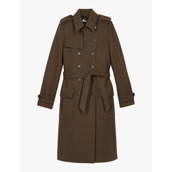 Womens The Kooples Open-collar belted-waist long wool trench coat