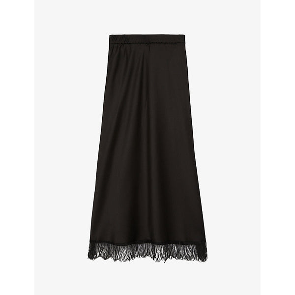 Womens The Kooples Scalloped lace-trim high-rise silk midi skirt