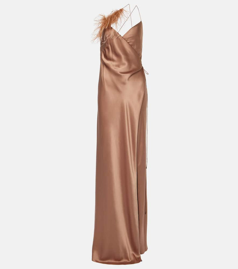 The Sei Feather-trimmed silk satin wrap dress