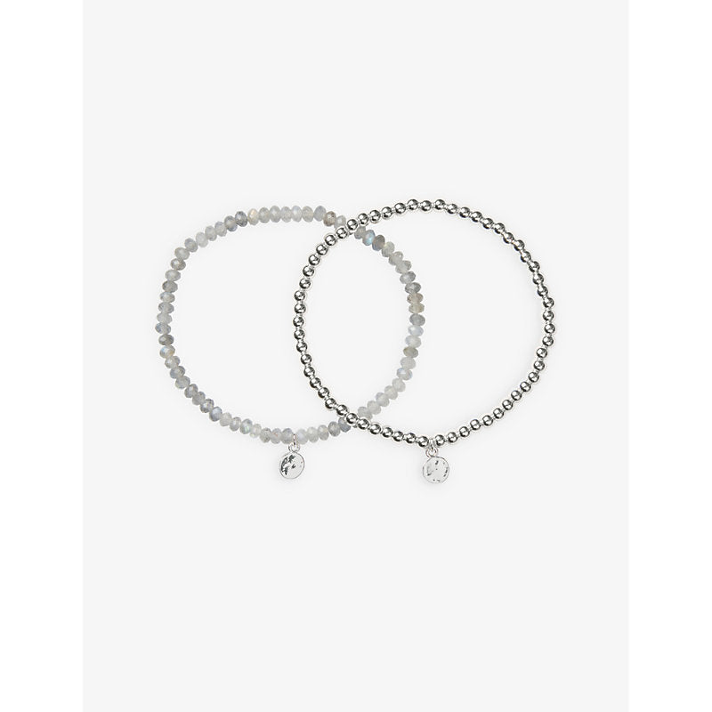 Womens The White Company Labradorite hammered-charm silver-plated brass and labradorite beaded bracelets pack of two