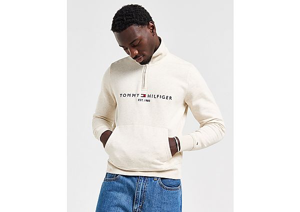 Tommy Hilfiger Emblem Logo 1 2 Zip Sweatshirt Beige