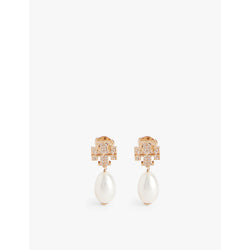 Womens Tory Burch Kira pavé 18ct yellow-gold plated brass, cubic zirconia and pearl drop earrings