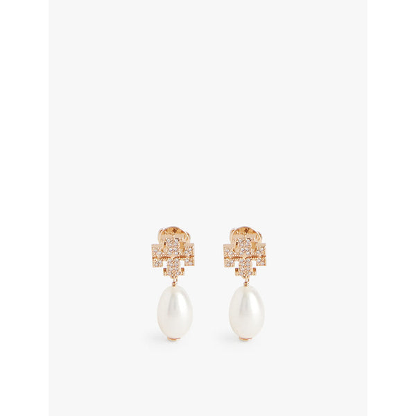 Womens Tory Burch Kira pavé 18ct yellow-gold plated brass, cubic zirconia and pearl drop earrings