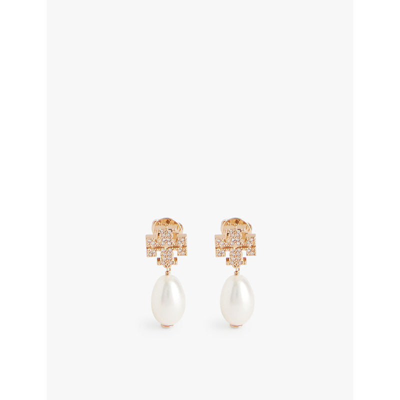 Womens Tory Burch Kira pavé 18ct yellow-gold plated brass, cubic zirconia and pearl drop earrings