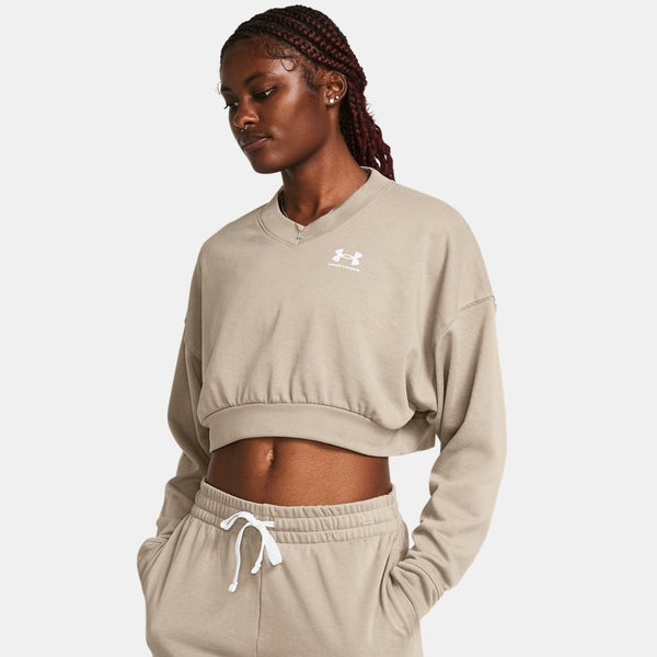 Under Armour Rival Terry Oversized Crop Crew Timberwolf Taupe White