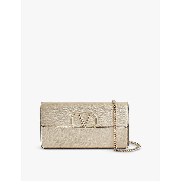 Womens Valentino Garavani V-logo metallic-leather wallet-on-chain