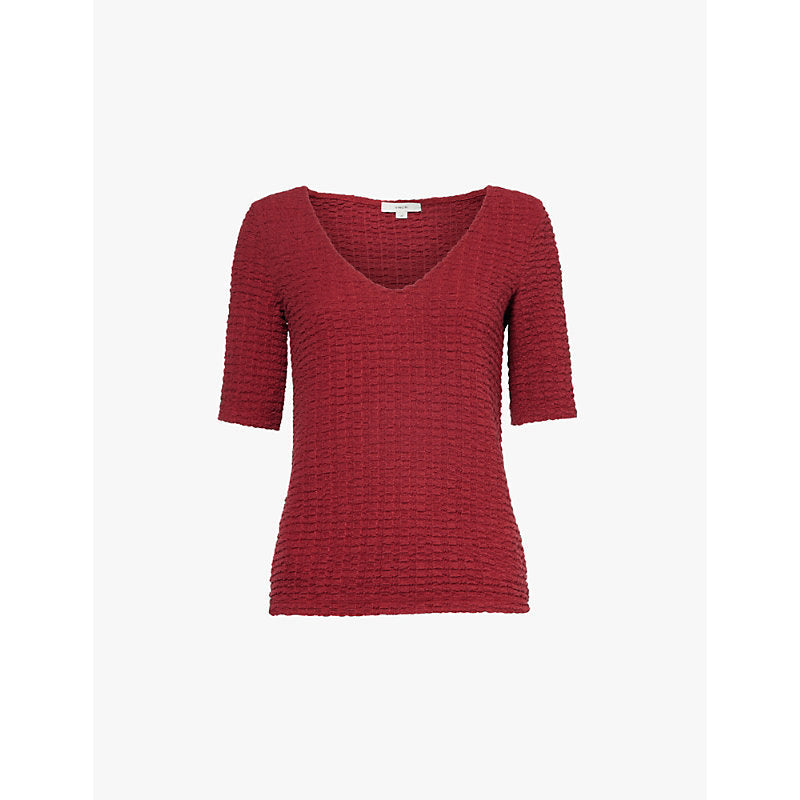 Vince Smocked V-neck stretch-woven blend top