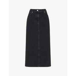 Womens Whistles Faded-wash high-waist denim midi skirt