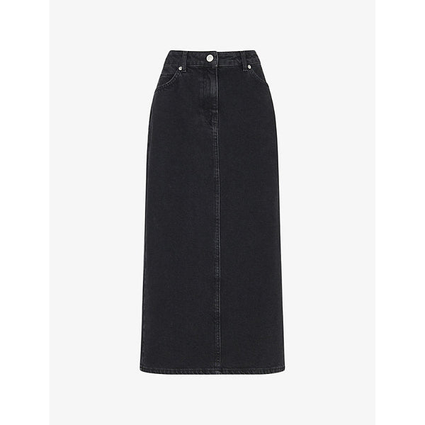 Womens Whistles Faded-wash high-waist denim midi skirt