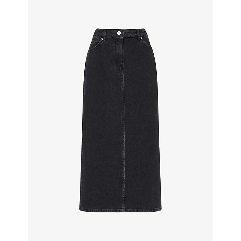 Womens Whistles Faded-wash high-waist denim midi skirt