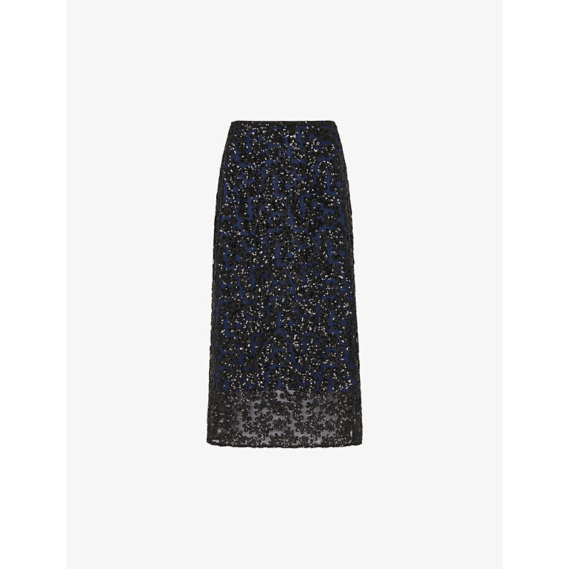 Womens Whistles Floral-pattern sequin woven midi skirt