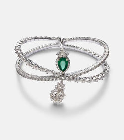 Yeprem Reign Supreme 18kt white gold bangle with diamonds and emerald