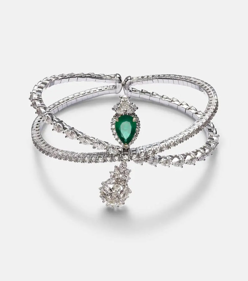 Yeprem Reign Supreme 18kt white gold bangle with diamonds and emerald