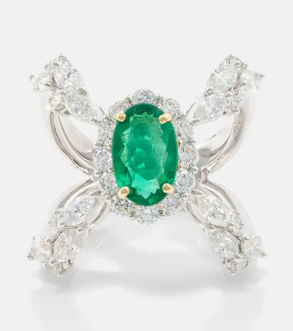 Yeprem Reign Supreme 18kt white gold ring with diamonds and emeralds | LYBSTORE