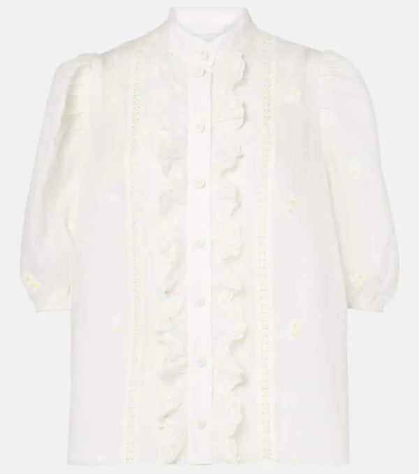 Zimmermann Acacia ruffled embroidered ramie blouse