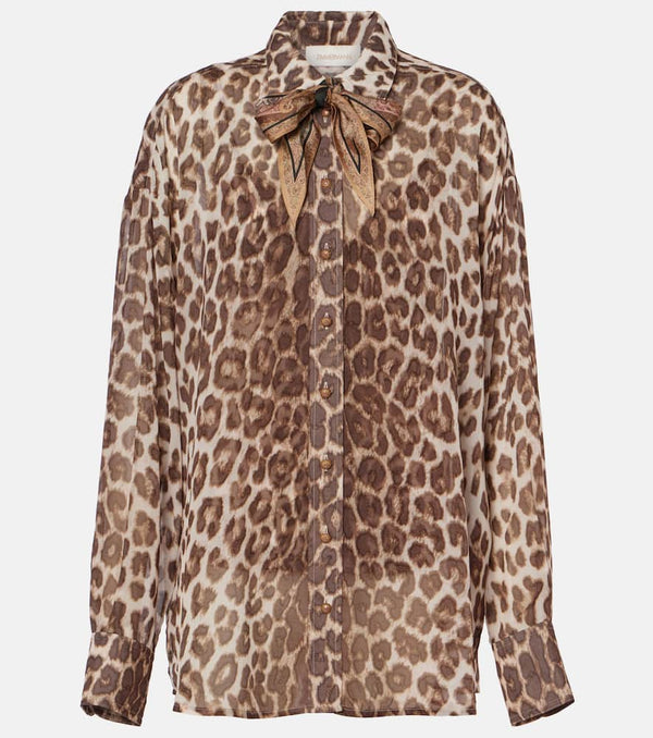 Zimmermann Illustration tie-neck leopard-print shirt