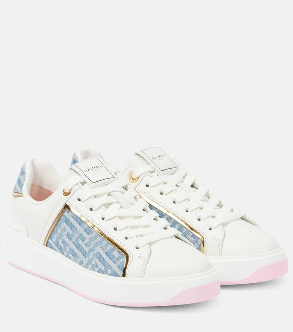 Balmain B-Court denim-trimmed leather sneakers