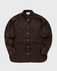 Ganni Fluid Satin Jacquard Long Sleeve Shirt Brown