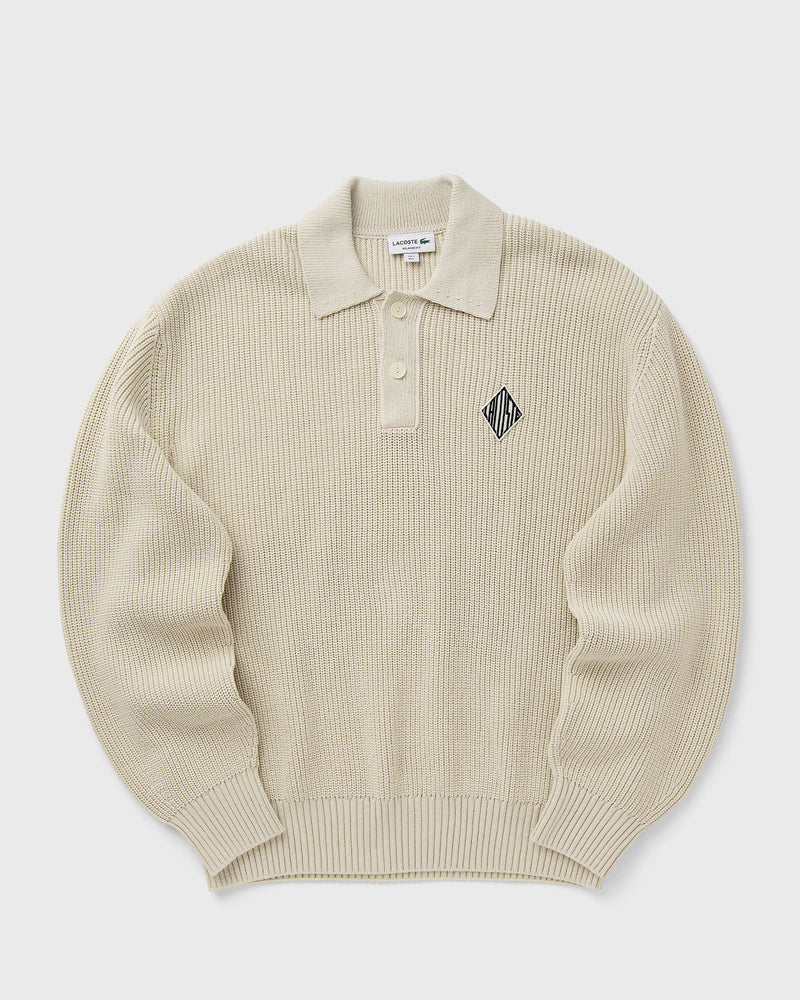 Lacoste Badge Accent Pearl Rib Polo Collar Sweater Beige