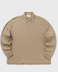 AMI Paris Long Sleeves Oversize Polo with Topstitched AMI de Coeur Beige
