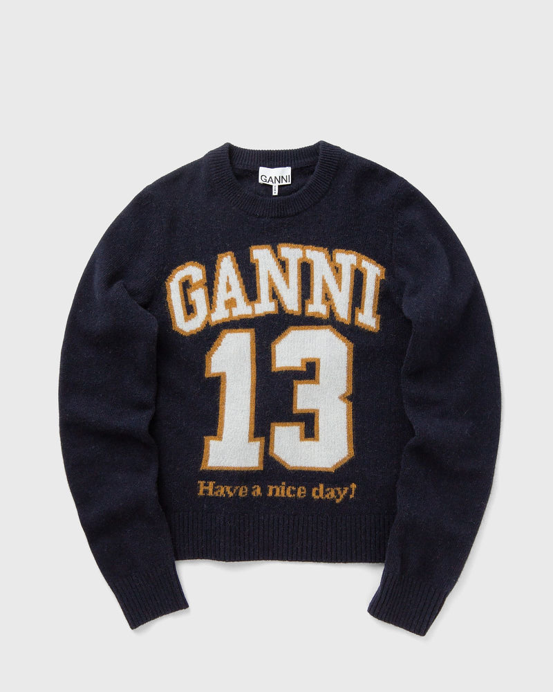 Ganni Graphic Wool Mix Baseball Crewneck blue