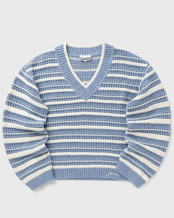 Ganni Striped Cotton Pointelle V-neck blue